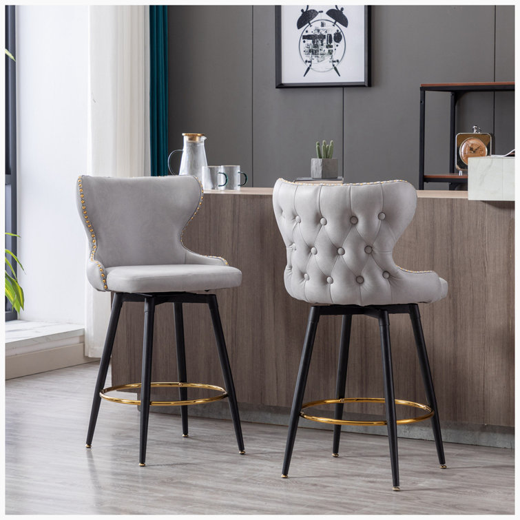 Corrigan Studio Tufted Upholstered Swivel Bar Stool with Footrest